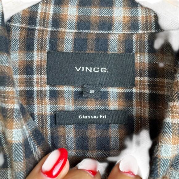 Vince Wool Cotton Brown Plaid Flannel Long Sleeve Button Up Collar Shirt Pocket - Picture 7 of 9